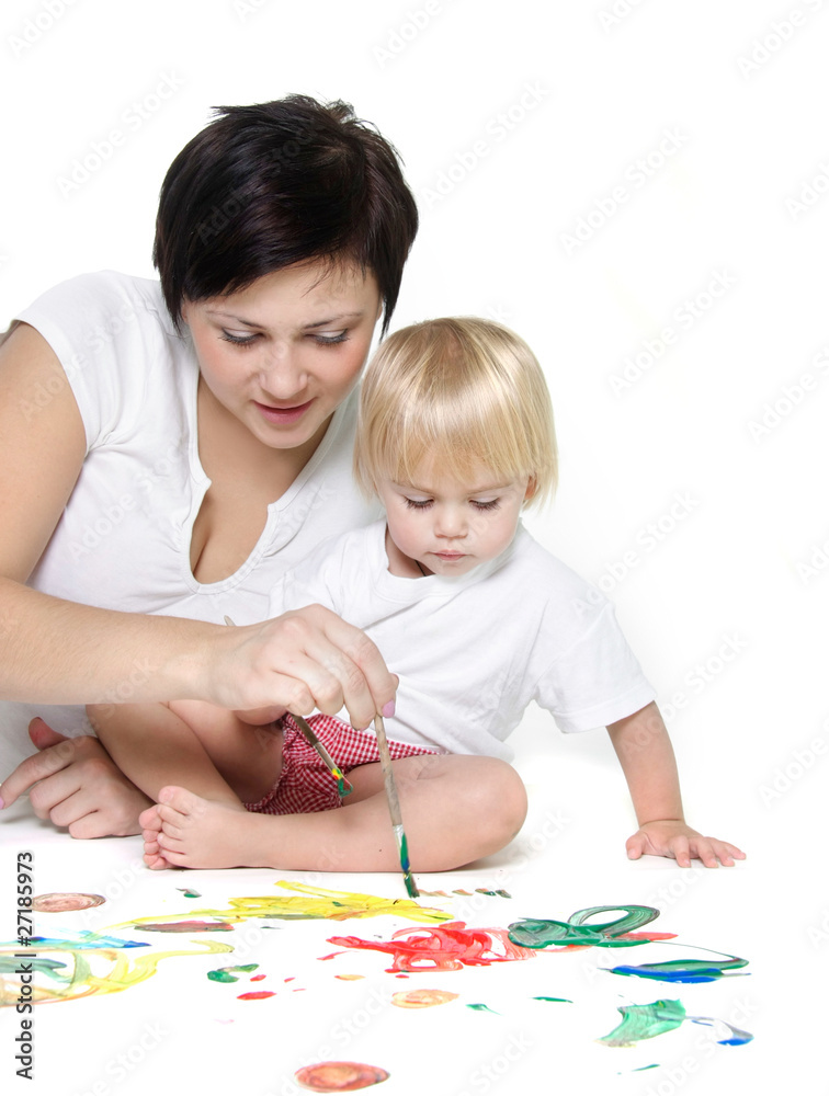 young mother and child painting over white young mother and child painting over white