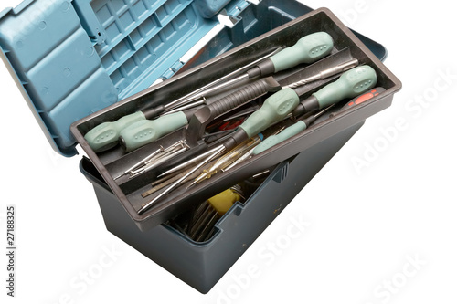 Open tool box with screwdrivers on top