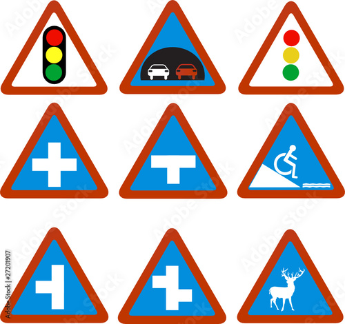 set of traffic signs blue triangle
