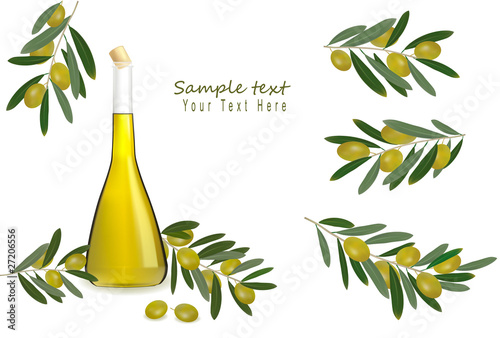 Bottle of olive oil with olives. Vector.