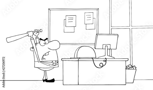 Outlined Angry Businessman With Baseball Bat In Office