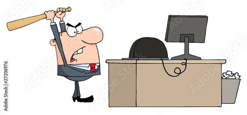 Angry Businessman With Baseball Bat In Office