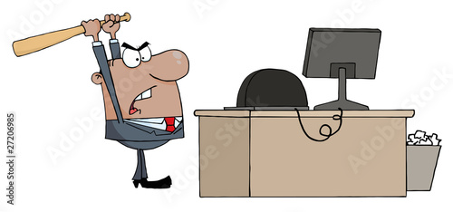 Angry African American Businessman With Baseball Bat In Office