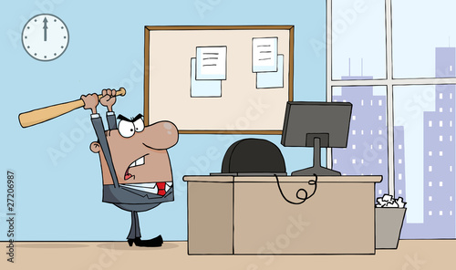 Angry African American Businessman With Bat In Office