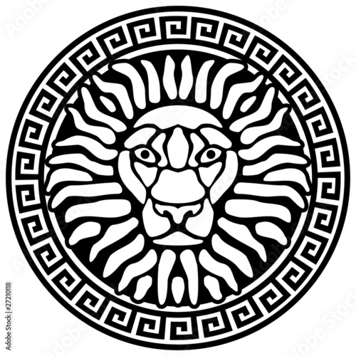 Portrait of a lion, and meanders. Antique relief.