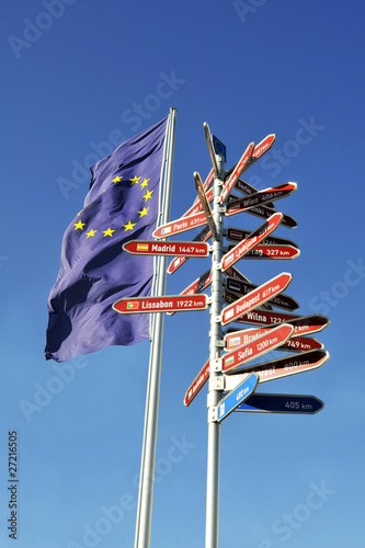 Europaflagge mit Wegweiser zu Hauptstädten in Europa