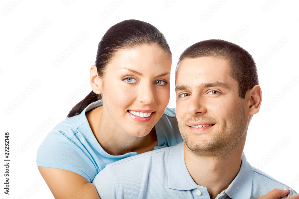 Portrait of young happy smiling attractive couple, isolated Portrait of young happy smiling attractive couple, isolated