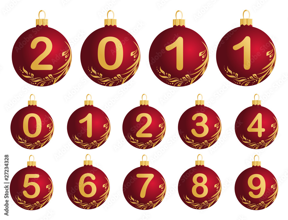 Red Christmas Balls with numerals 0-9 Red Christmas Balls with numerals 0-9