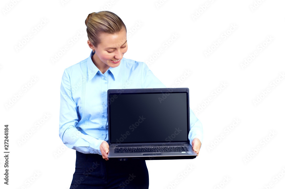 Happiness businesswoman with laptop on blur business architectur Happiness businesswoman with laptop on blur business architectur