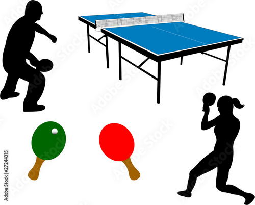 ping pong equipment and players silhouette - vector