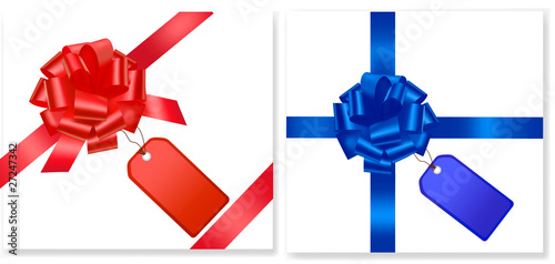 Red and blue bows with card. Vector illustration.