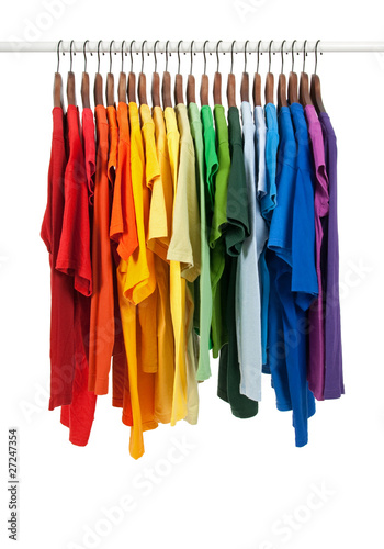 Colors of rainbow, shirts on wooden hangers
