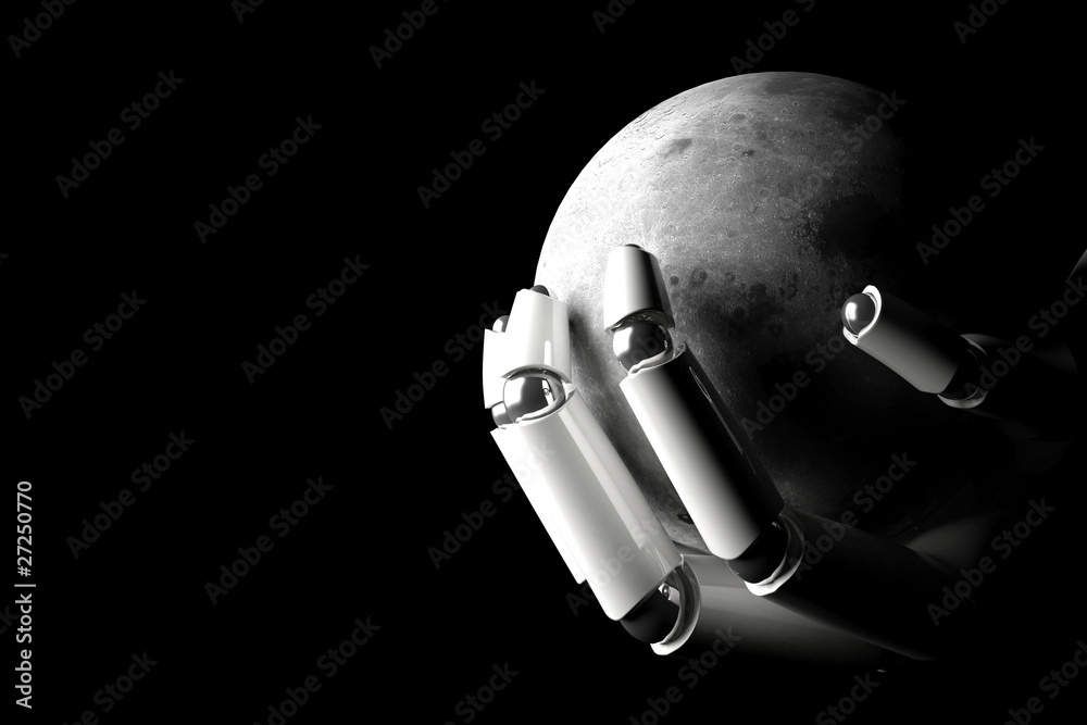 Fototapeta premium Cyborg hand protecting moon