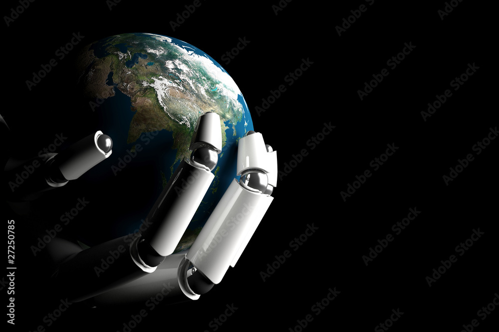 Naklejka premium Cyborg hand protecting earth