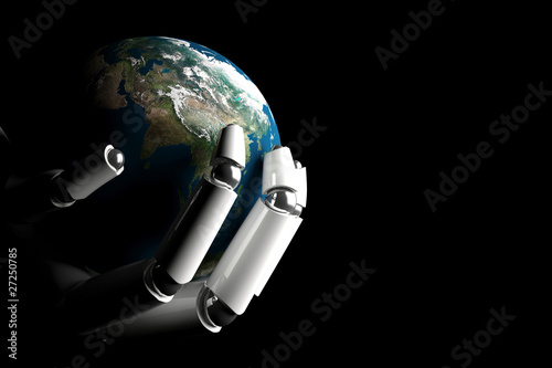 Fototapeta Naklejka Na Ścianę i Meble -  Cyborg hand protecting earth