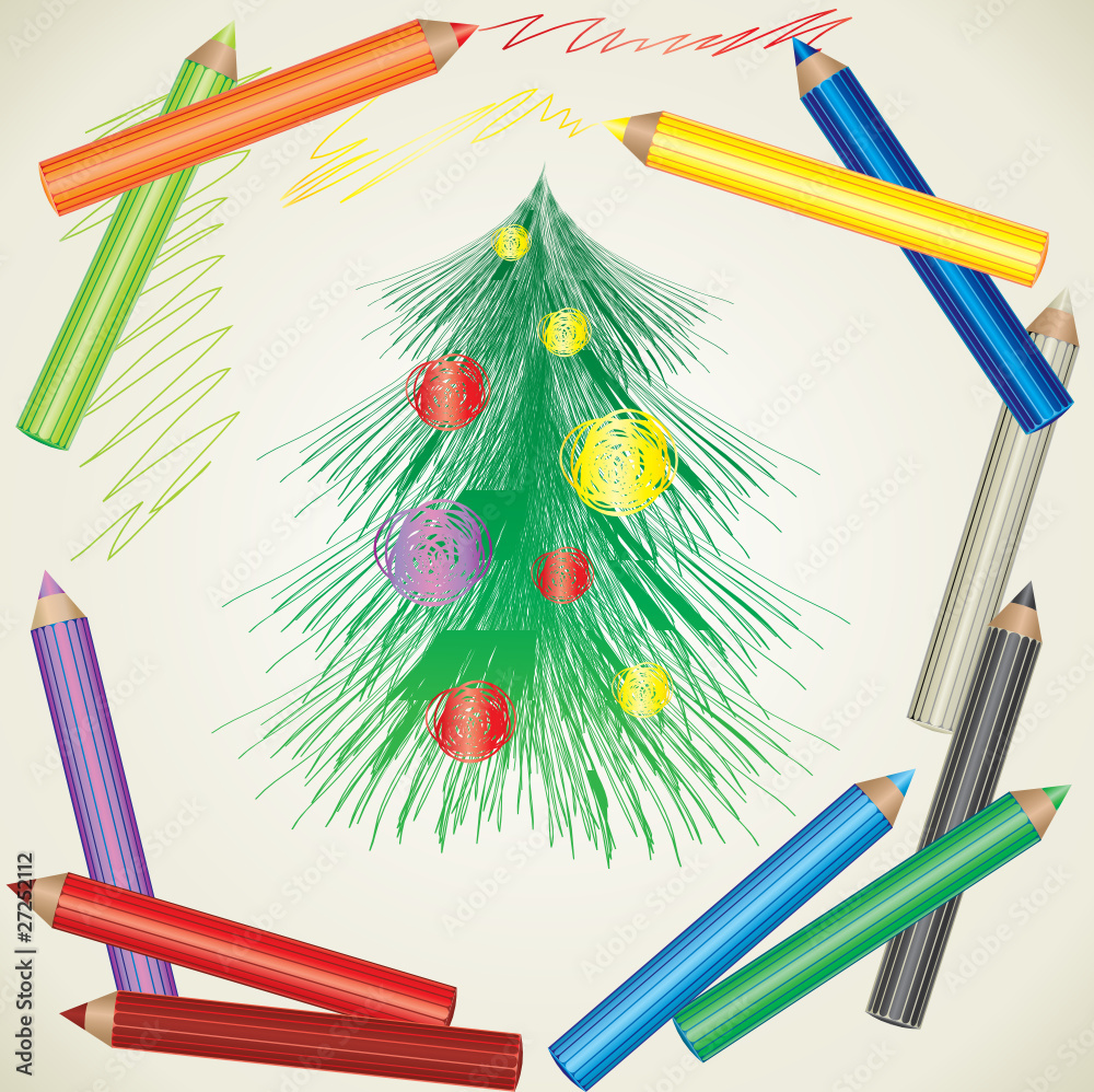 drawing of Christmas tree and color pencils