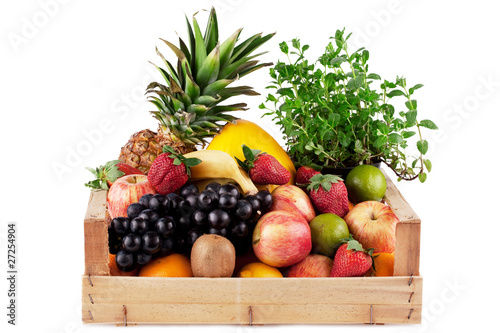 fruit in wooden box.