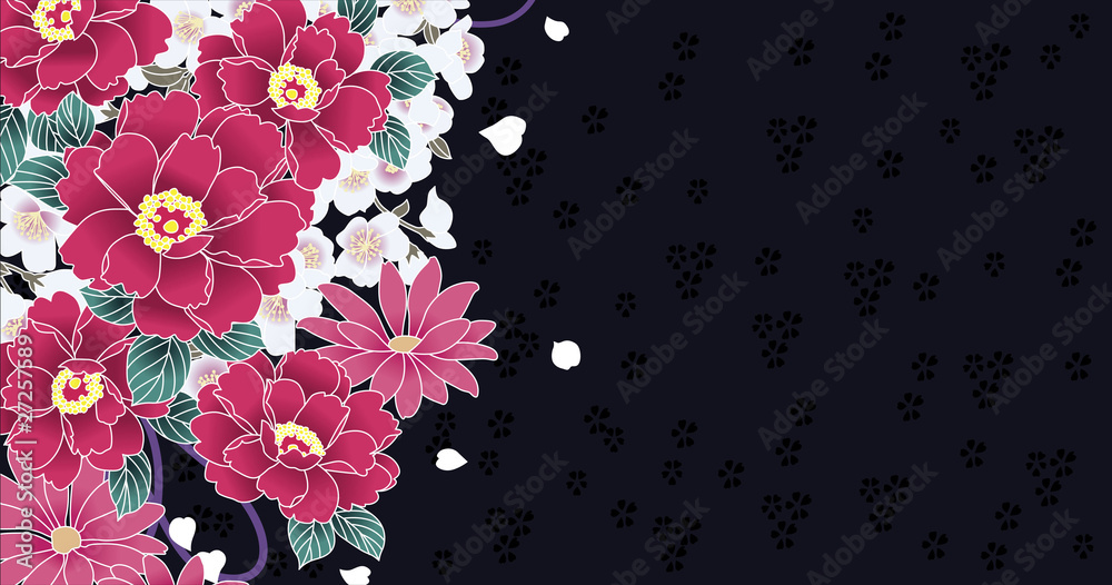 椿 菊 桜の花の和柄模様 黒 Stock Vector Adobe Stock