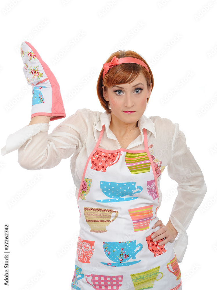 expressions. Beautiful cooking woman in apron and kitchen glove