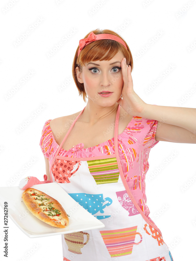 Beautiful cooking woman in apron with italian sandwich Beautiful cooking woman in apron with italian sandwich