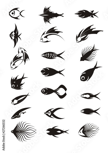 Set of black icons of fishes on a white background