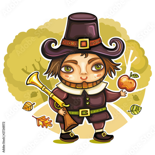 Thanksgiving happy cartoon pilgrim man with blunderbuss