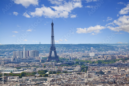Paris skyline from the Sacre Coeur. Eiffel tower area focused