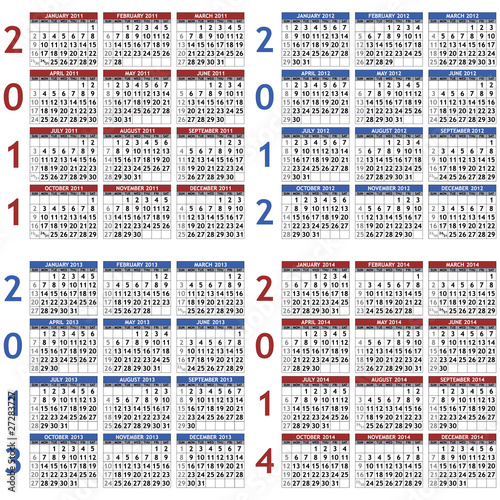Four classic calendar templates for years 2011 - 2014