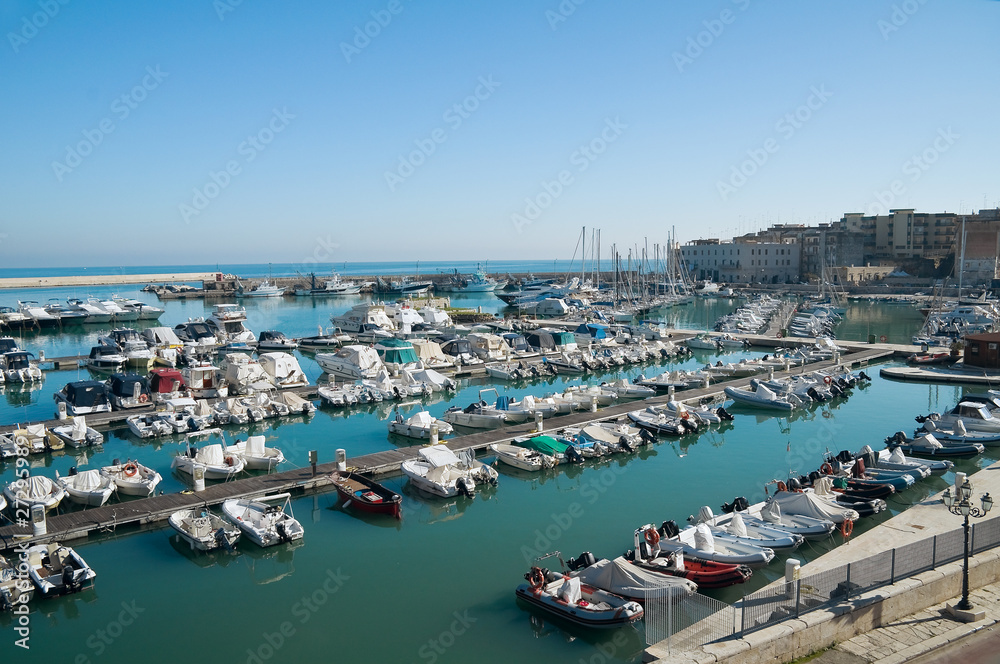 Boats moored at tourist port of Bisceglie. Apulia.