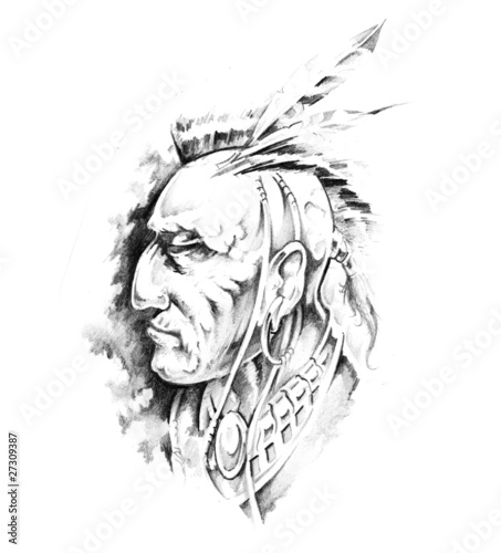 Sketch of tattoo art, indian head