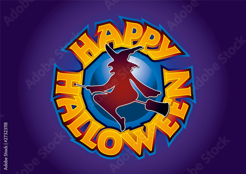 Happy Halloween Lettering in Circle with Witch Vector