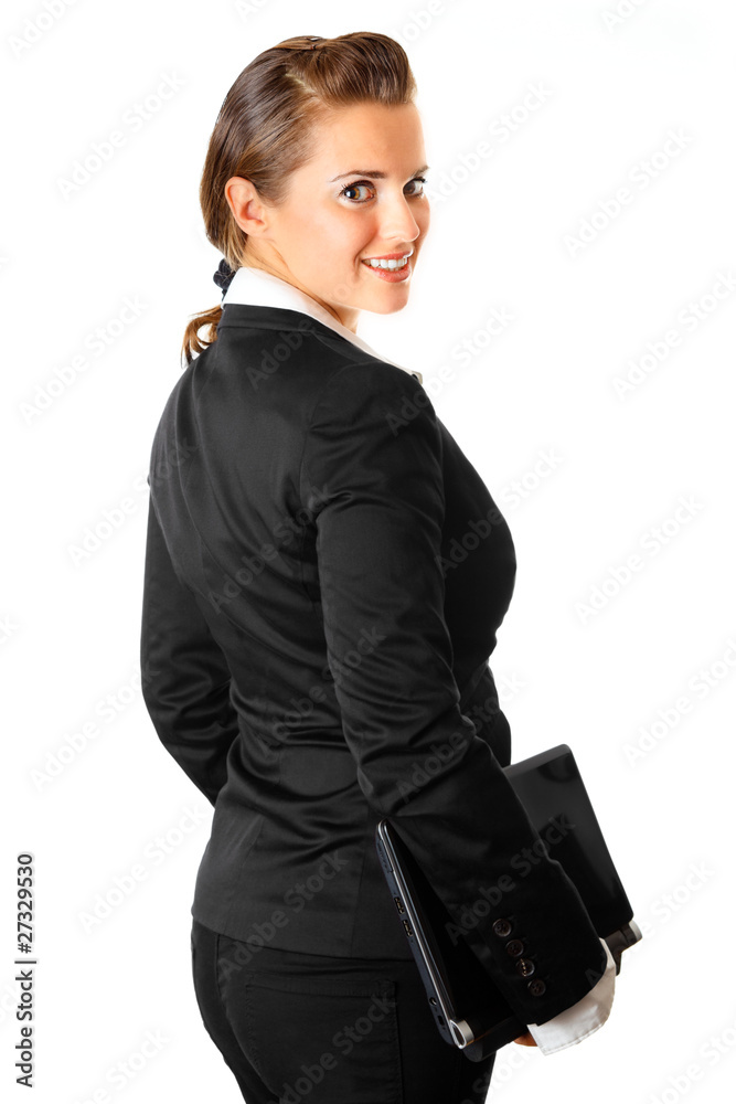 smiling modern business woman with laptop isolated on white. smiling modern business woman with laptop isolated on white.