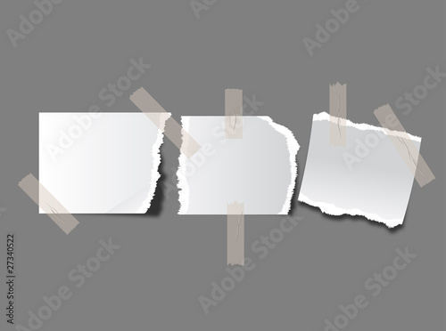 set of torn paper pieces with ripped edges glued to the wall by adhesive tape .