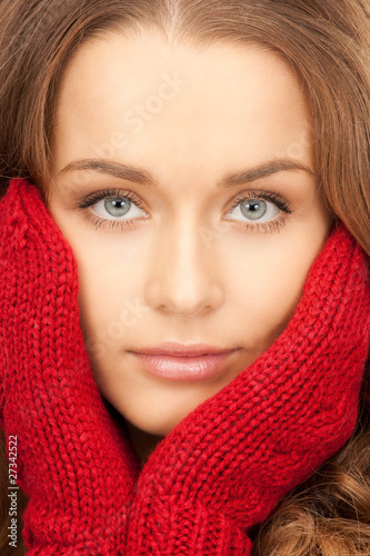 beautiful woman in red mittens