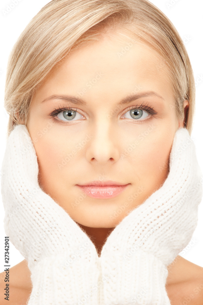 beautiful woman in white mittens beautiful woman in white mittens