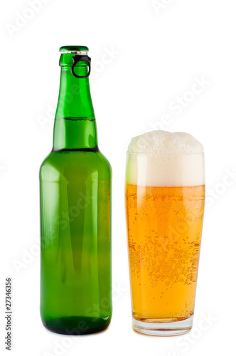 Beer, bottle, glass, isolated white background clipping path.