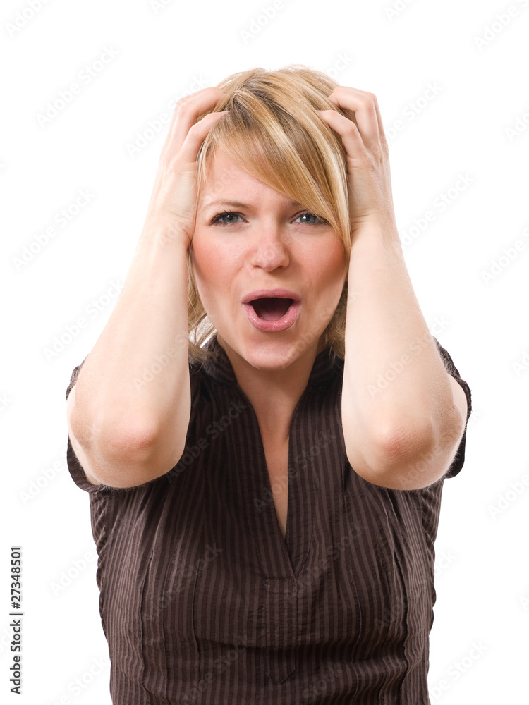 scared woman screaming with hands on the head isolated scared woman screaming with hands on the head isolated