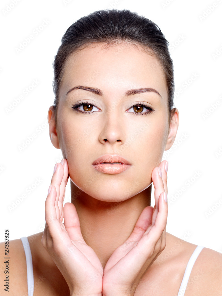 Front view of woman's face with healthy clean face Stock Photo