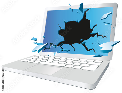Notebook mit Loch im Bildschirm und Splittern