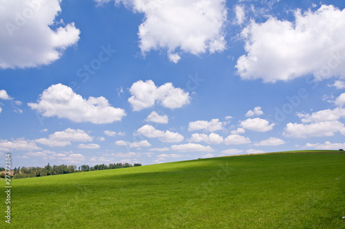 green farm land with a blue sky