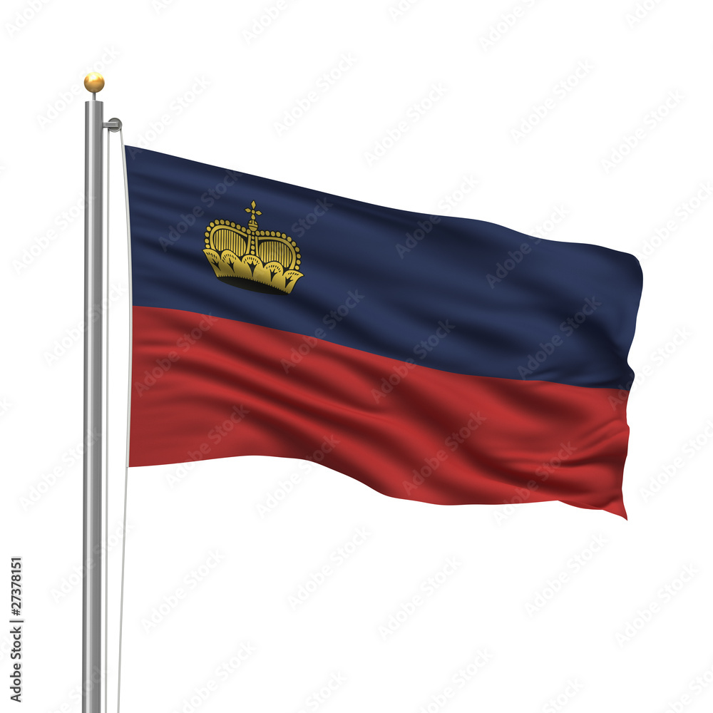 Flag of Liechtenstein waving in the wind in front of white Flag of Liechtenstein waving in the wind in front of white