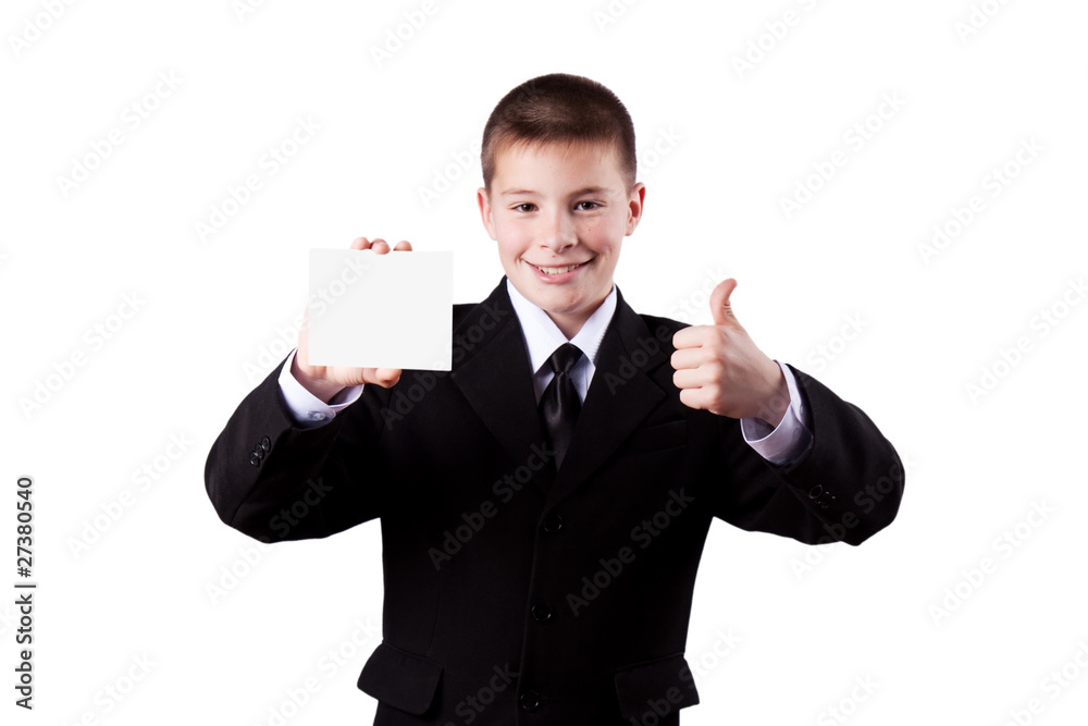Boy holding a business card, isolated on white Boy holding a business card, isolated on white