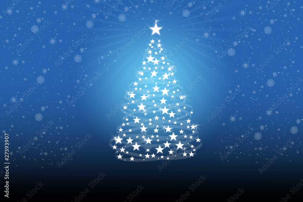Christmas tree with white snowflakes on the blue background Christmas tree with white snowflakes on the blue background