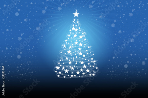 Christmas tree with white snowflakes on the blue background