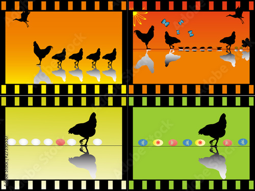 Hahn mit Hühnern und Storch als Silhouette im Filmstrip