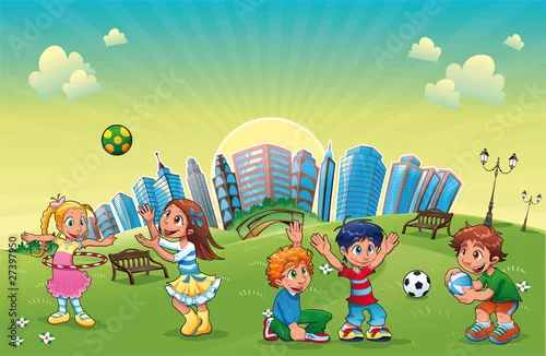 Obraz Chłopcy i dziewczęta bawią się w parku. Scena wektorowa