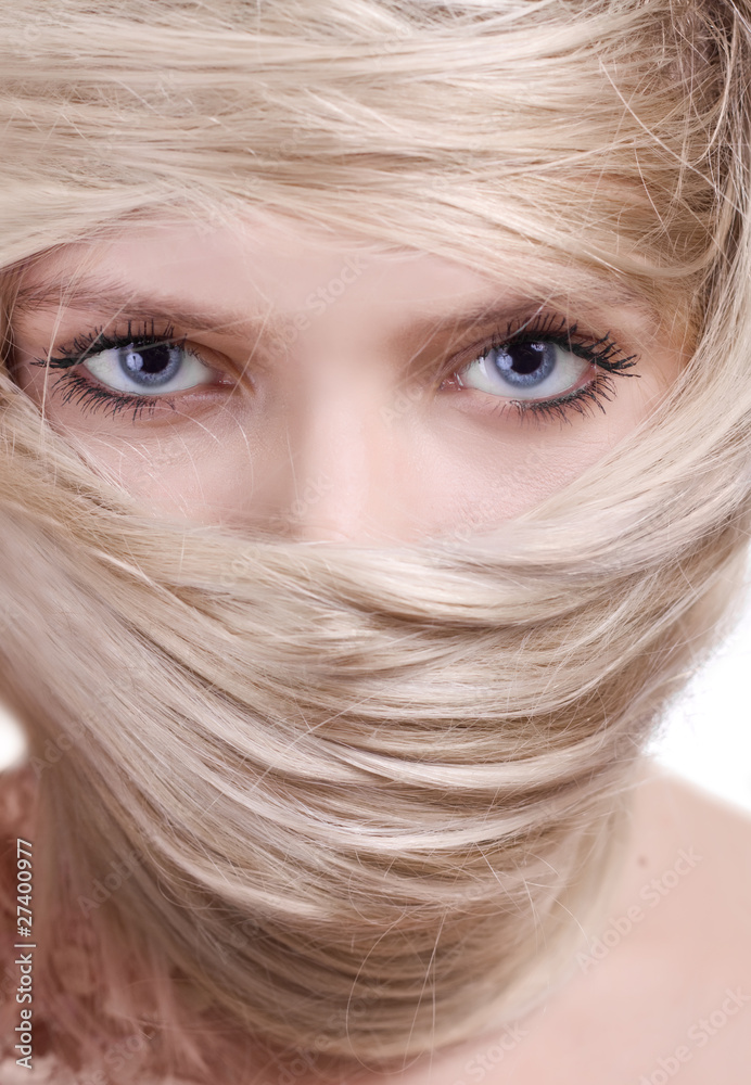 stylish blonde woman close-up hair mask portrait stylish blonde woman close-up hair mask portrait