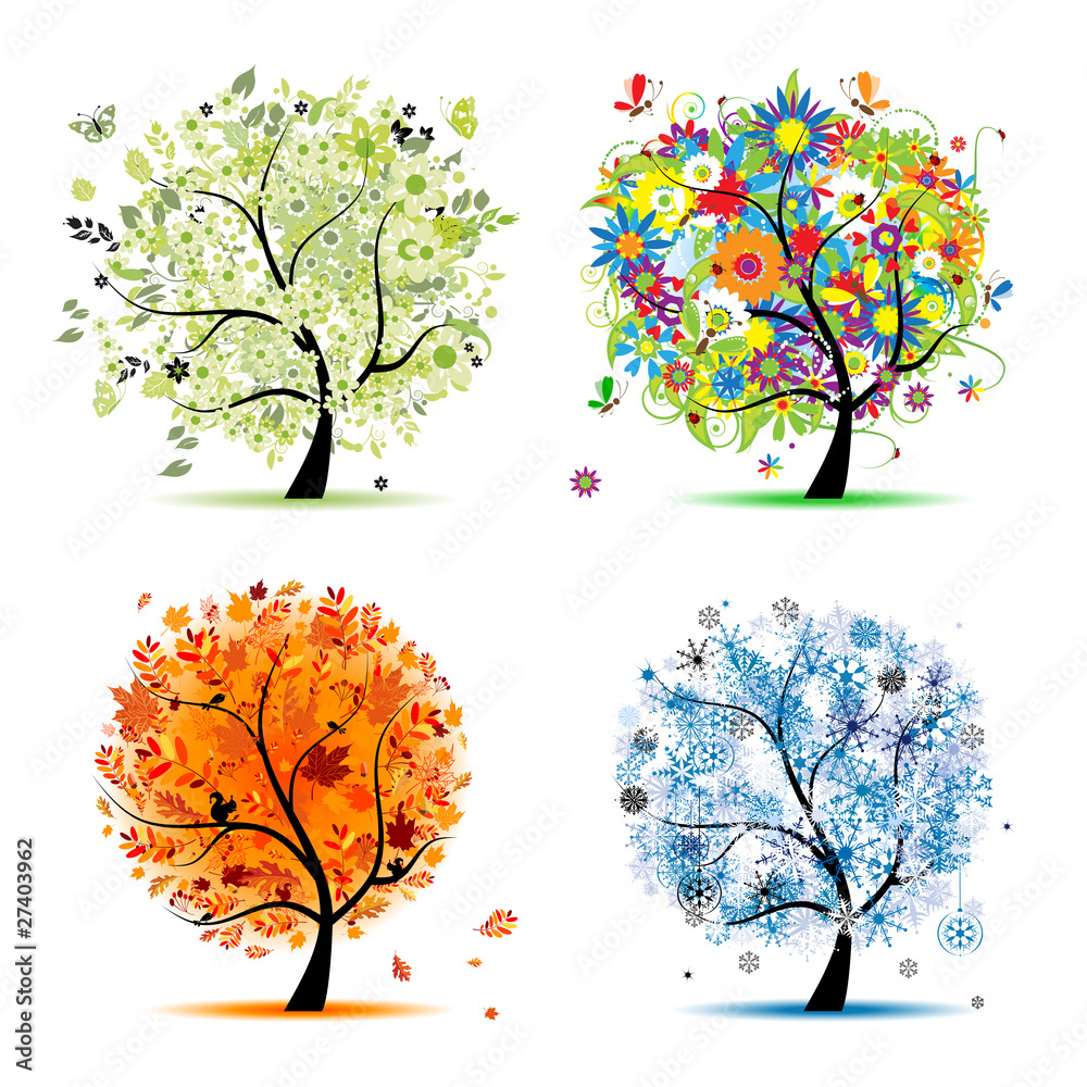 Plakat Cztery pory roku - wiosna, lato, jesień, zima. Drzewa artystyczne