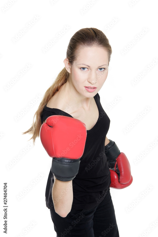 young female boxer isolated over white