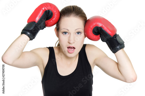 surprised female boxer isolated over white